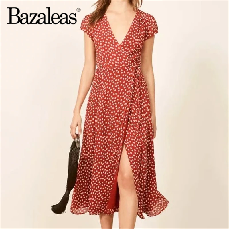 

Bazaleas Fashion summer Dress 2019 Red Floral printed midi Dress Vintage tie in side women Dresses Split V Neck vestidos