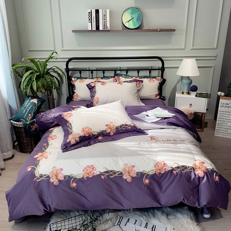 

Purple Blue White Pink Luxury 60S Egyptian Cotton Flowers Embroidery Bedding Set Duvet Cover Bed sheet Bed Linen Pillowcases