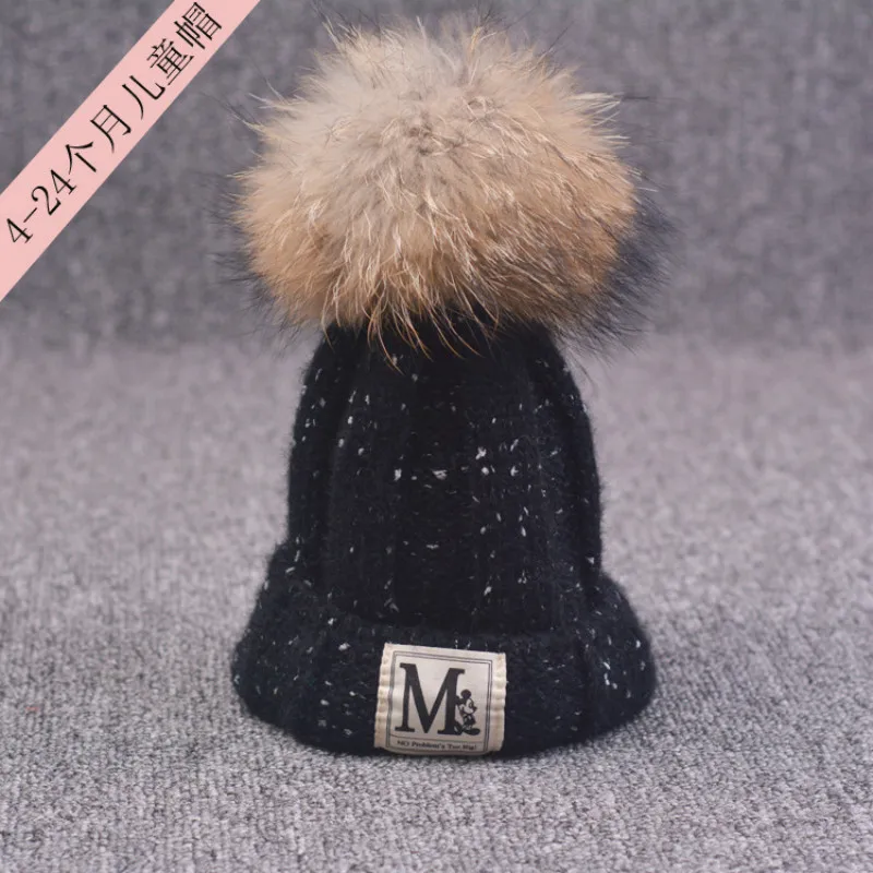 

New 100% raccoon Autumn And Winter 18cm Hairball Knitted hat Children Warm labeling Beanies Plus thick velvet Cap