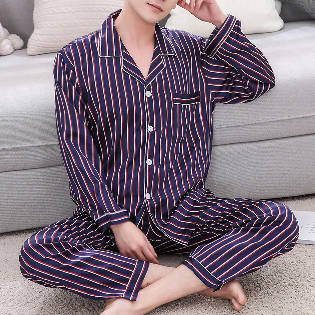 L-2XL Men Pajama Set Spring And Autumn Long Sleeve Cotton Man Pyjamas cartoon Stripe Pajamas Plus size Casual Sleepwear Jan9