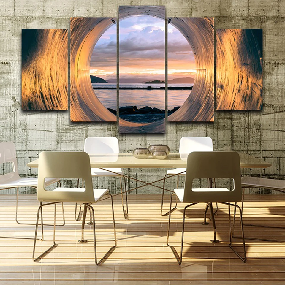 Настенная живопись, модульный плакат, Современный домашний декор, 5 панелей, трубка, закат, вид на океан, рамка для гостиной, холст, печатные изображения HD