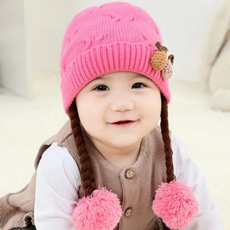 Детская вязаная шапка милая детская шапка с помпоном зимняя Кепки для мальчиков и девочек, Повседневное однотонные Цвет девочек шляпа детская шапочка
