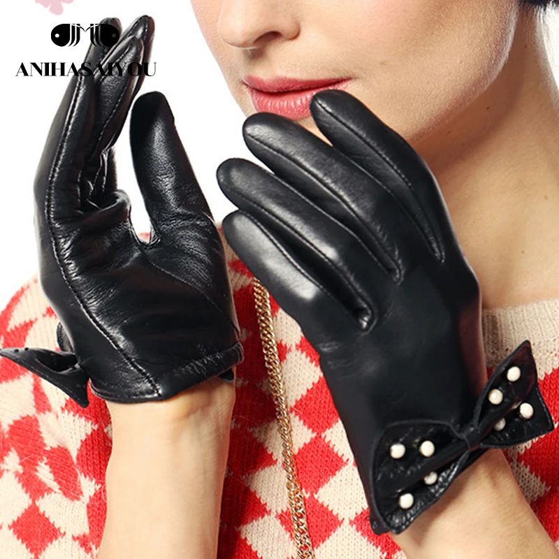 

High grade Leather gloves women sheepskin spring and autumn cute thin section fashion bow women's genuine leather gloves-L119NN