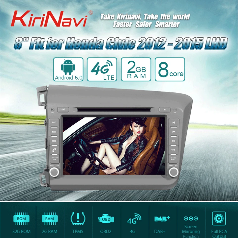 Discount KiriNavi Octa core 4G LET android 7 car multimidia autoradio for Honda Civic dvd gps 2012 - 2015 support 4K video 4G 0