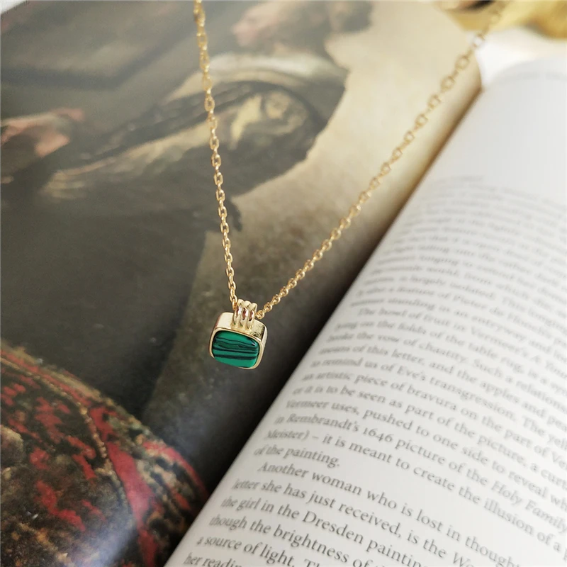 Модное 925 пробы Серебряное, зеленое квадратное ожерелье с малахитовым камнем для женщин, женское короткое ожерелье с ключицей, ювелирное изделие, подарок