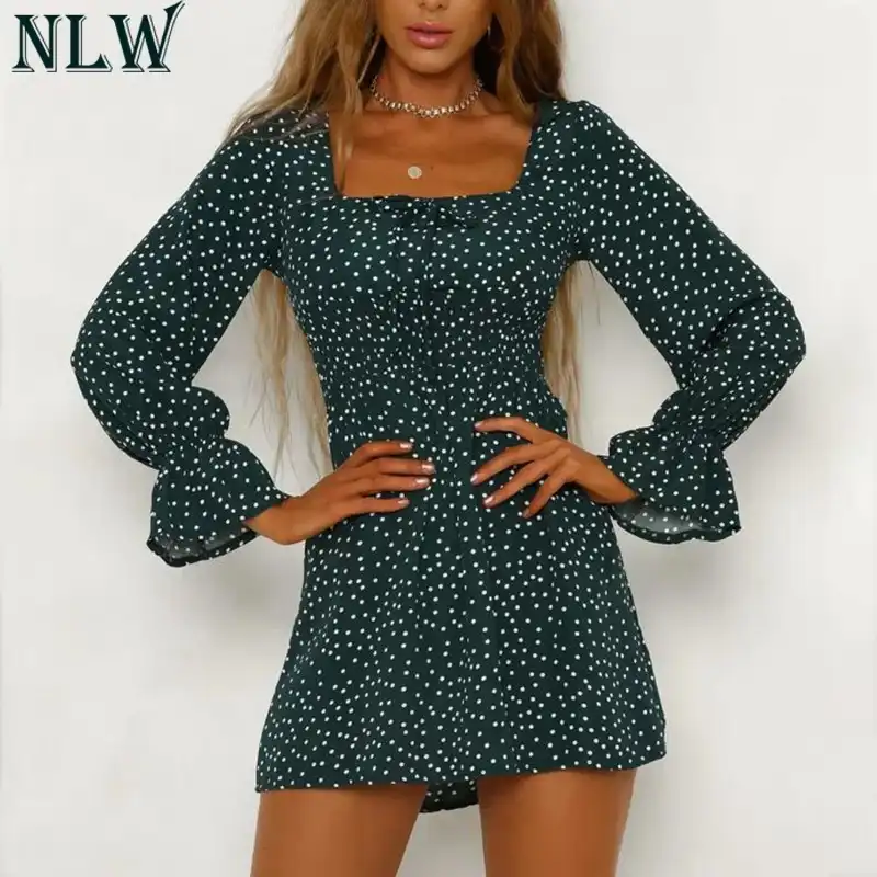 green polka dot long sleeve dress
