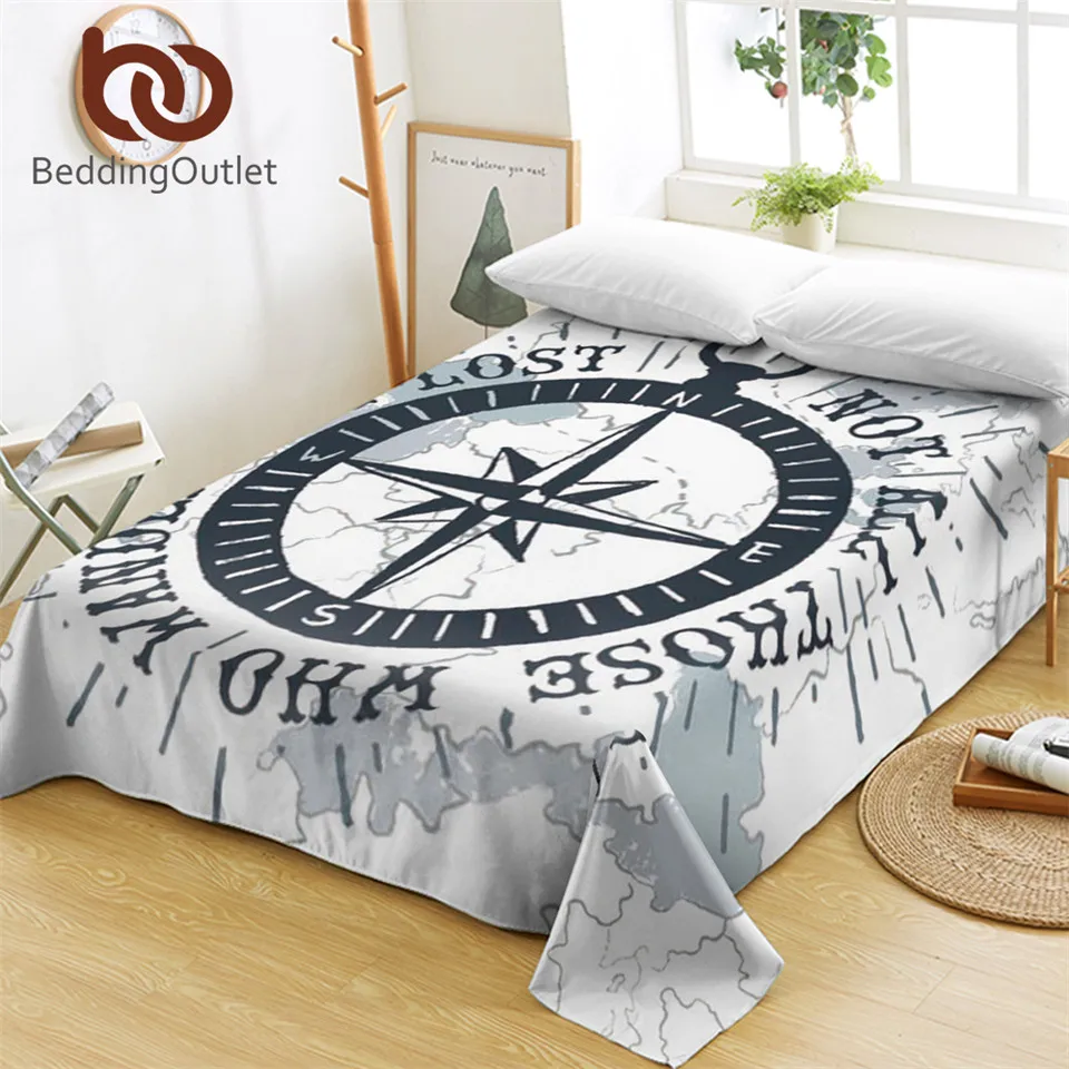 

BeddingOutlet Compass Bed Sheets Nautical Map Flat Sheet Navy Blue and White Bed Linen Adults Boys Cool Bedspreads Twin Queen