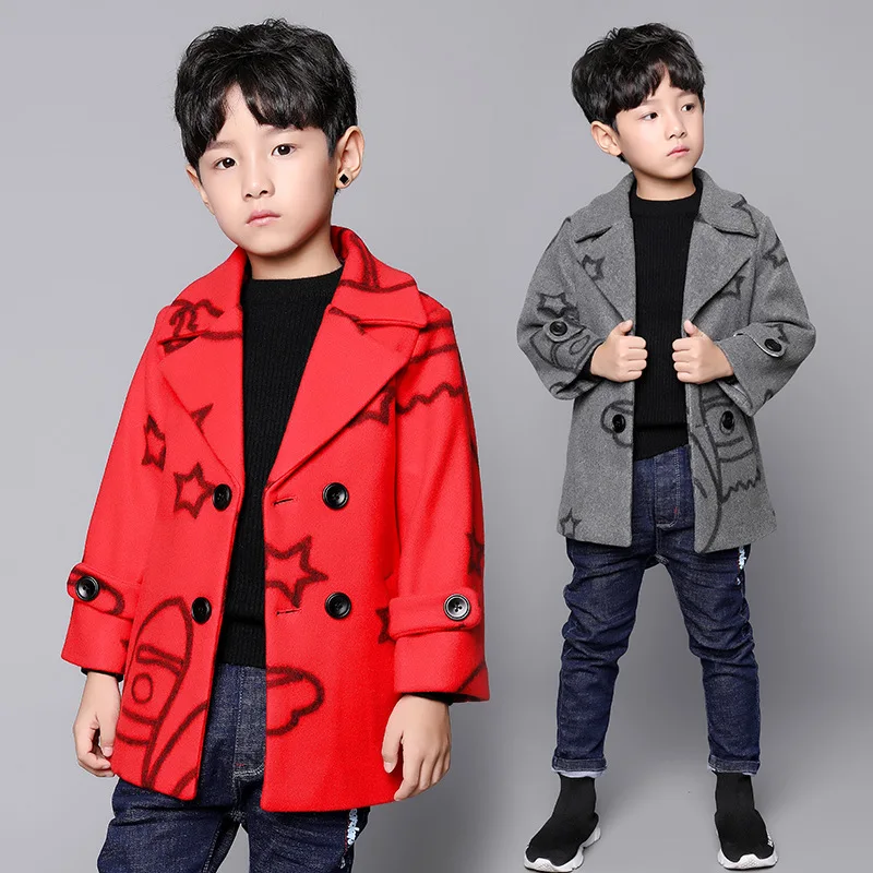 

2018 autumn new children's clothing boy's woolen coat Korean girls long section woolen coat kids five-pointed star 18M03