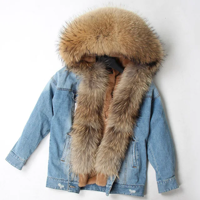 Maomaokong natural rabbit fur lined denim jacket fox fur coat coat fashion denim fox fur warm lady winter jacket women parka - Color: 07