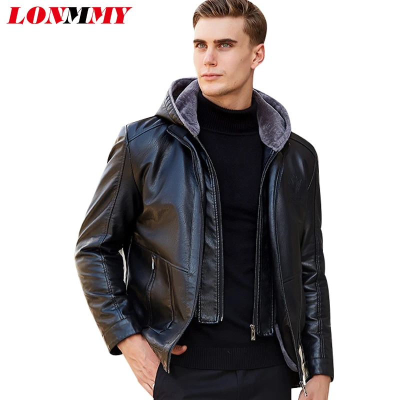 LONMMY 5XL мужская кожаная куртка зимние пальто с капюшоном верхняя одежда из