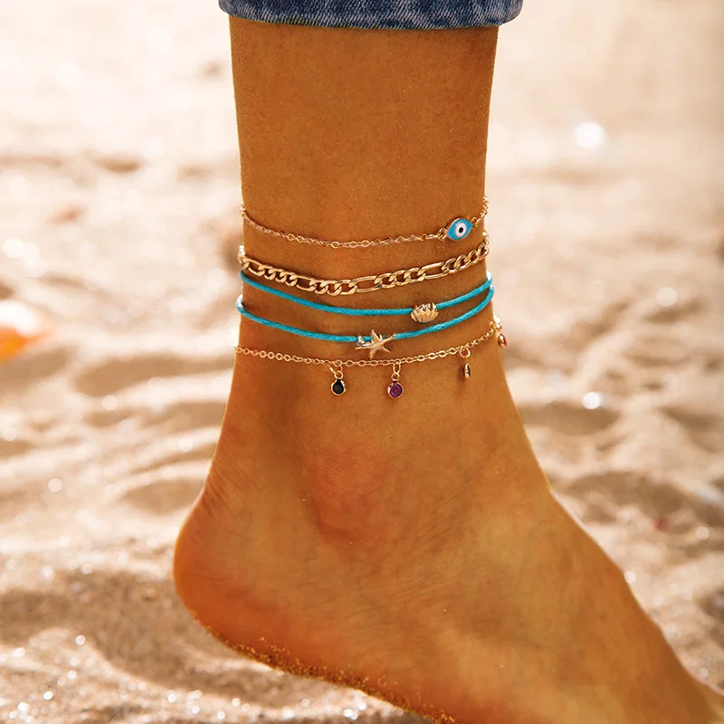 

Boho Multilayer Evil Eye Tassel Crystal Starfish Shell Anklets For Women Beach On Leg Summer Foot Bracelet Summer Ocean Jewelry