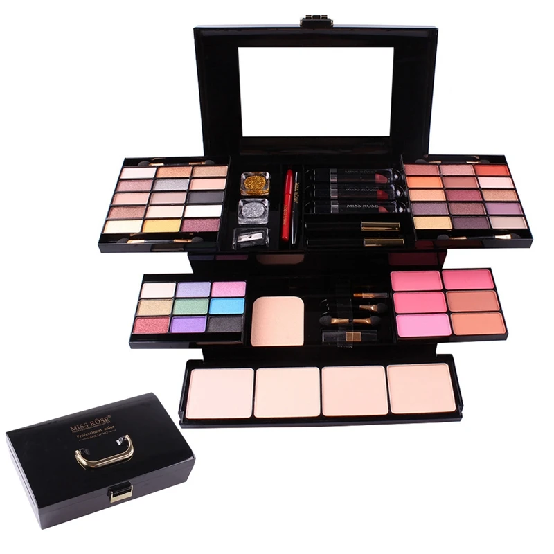 

NEW-Miss Rose 58 Color Makeup Box Palette Eye Shadow Blush Powder Lipstick Gold Cong Powder Brush Cosmetic Case Ladies