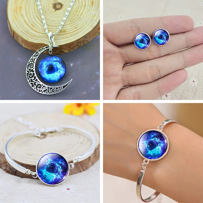 LIEBE ENGEL Newest Silver Color Jewelry Glass Galaxy Jewelry Sets Statement Necklace Stud Earrings Bangles Bracelets For Women 11