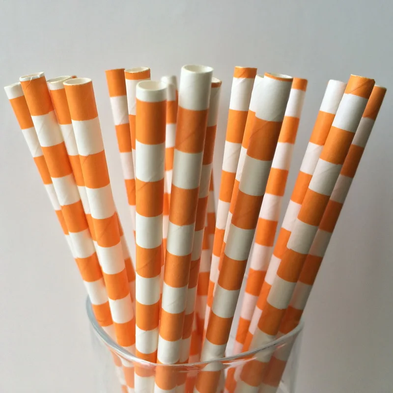 25pcs Paper Straws Orange Horizontal Stripes Pattern Paper Straws