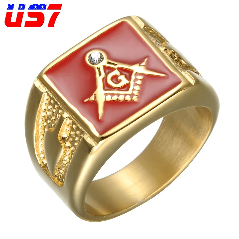 

US7 Punk Past Master Masonic Signet Rings Titanium Stainless Steel Men Gold Color Crystal Mason Cool Ring for Men Street Jewelry