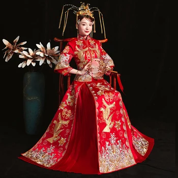 

Red Chinese Wedding Bride Cheongsam Traditional Style marry Evening Dress Embroidery Long Qipao Womens Clothing Size S - XXL
