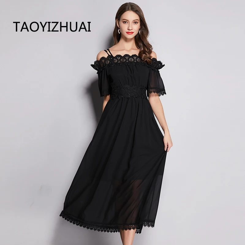 

TAOYIZHUA Summer New Arrival Casual Style Strapless Black Plus Size Half Sleeves Mid-calf Elegant Chiffon Long women Dress11760