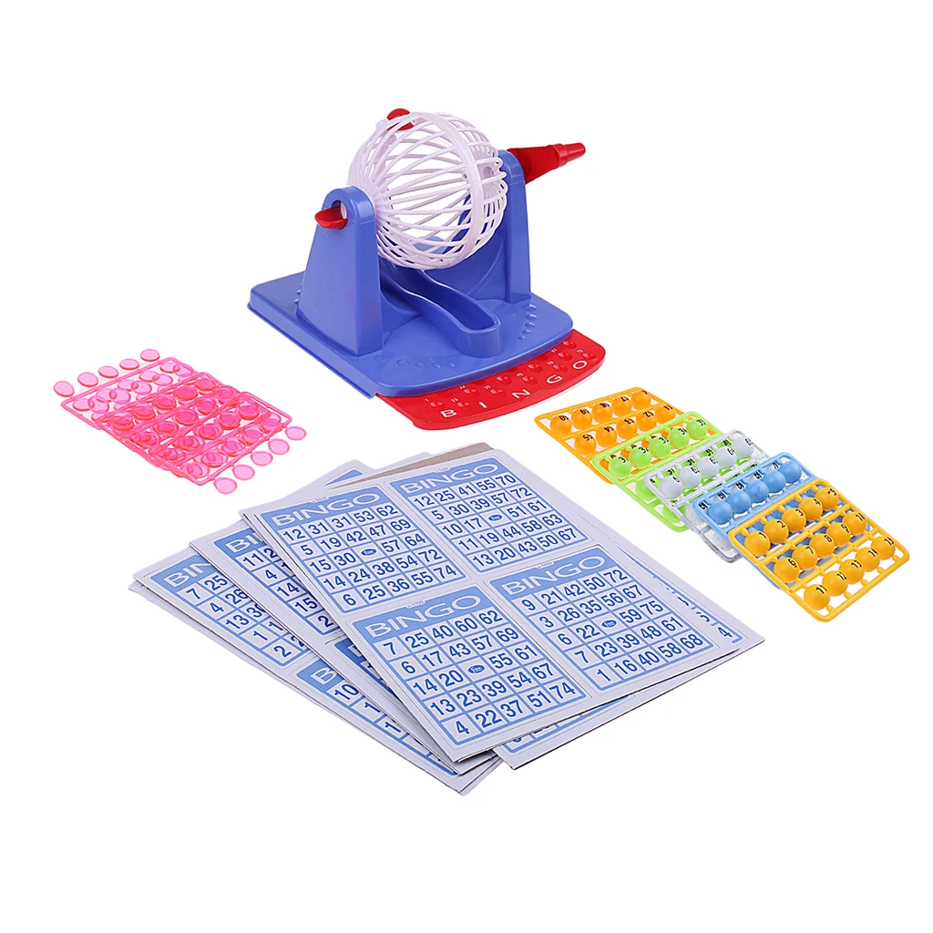 Plastic Bingo Game Set Bingo Chips Board with Cage Card and Balls Full Game for Kids Children Family Fun Games