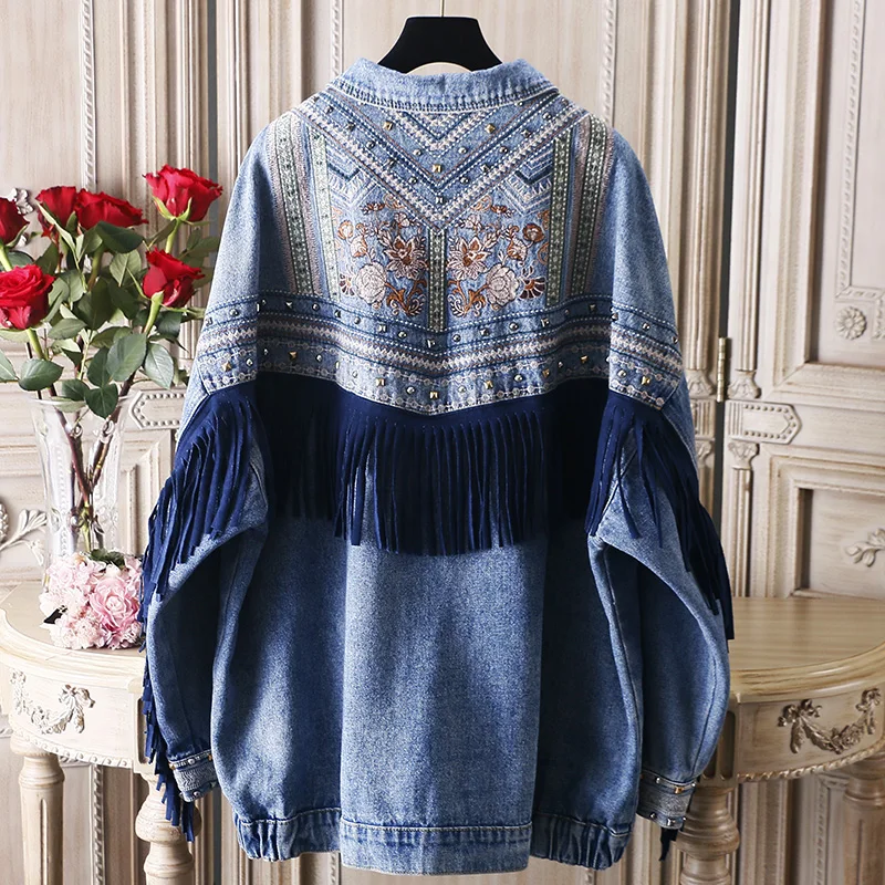 

Red RoosaRosee Fashion Designer Runway Women Loose Jacket Flower Embroidery Tassel Long Sleeve Cowboy Outwear Autumn Coat Tops