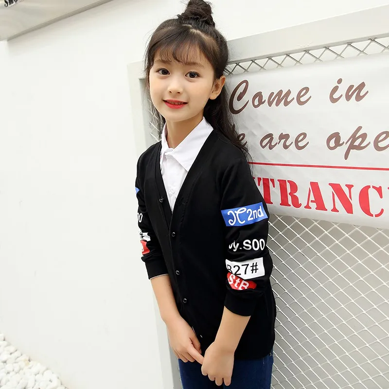 CROAL CHERIE  110-160cm Winter Autumn Sweater Jacket For Kids Girls Fashion Letter Girls Coats Boys Children Clothes Black White (7)