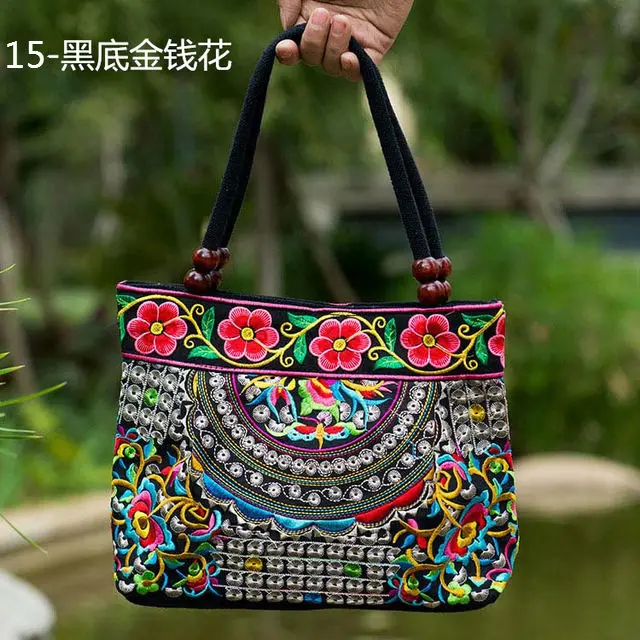 Вышитая Этническая сумка на плечо, женская сумочка ручной работы, двусторонний цветочный узор, винтажная вышитая Холщовая Сумка с деревянными бусинами - Цвет: 15