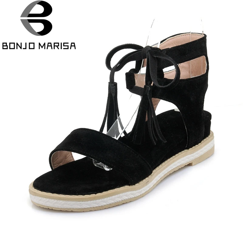 

BONJOMARISA 2018 Summer New Concise Woman Ankle-Wrap Sandals Big Size 32-43 Platform Med Heels Shoes Woman Casual Shoes