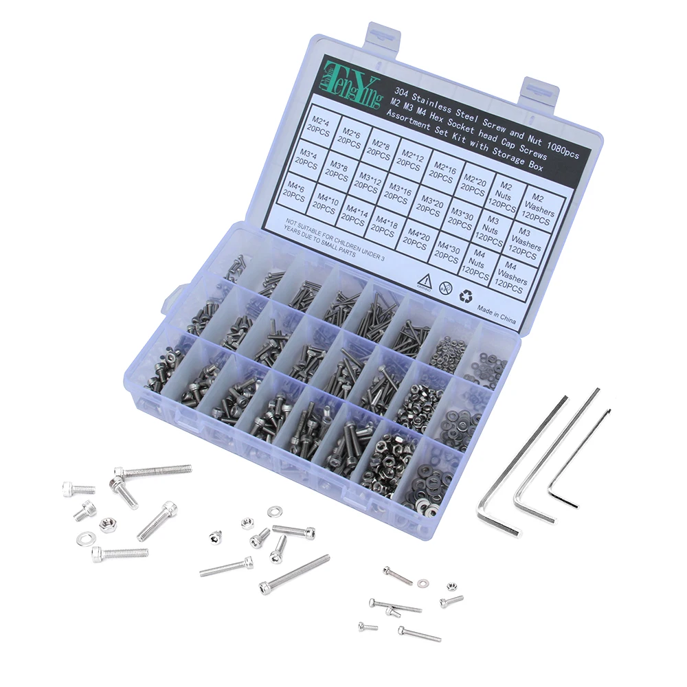 

1080pcs/Set M2 M3 M4 Screws Nuts Kits Set Stainless Steel Hex Head Socket Screws and Nuts Assortment