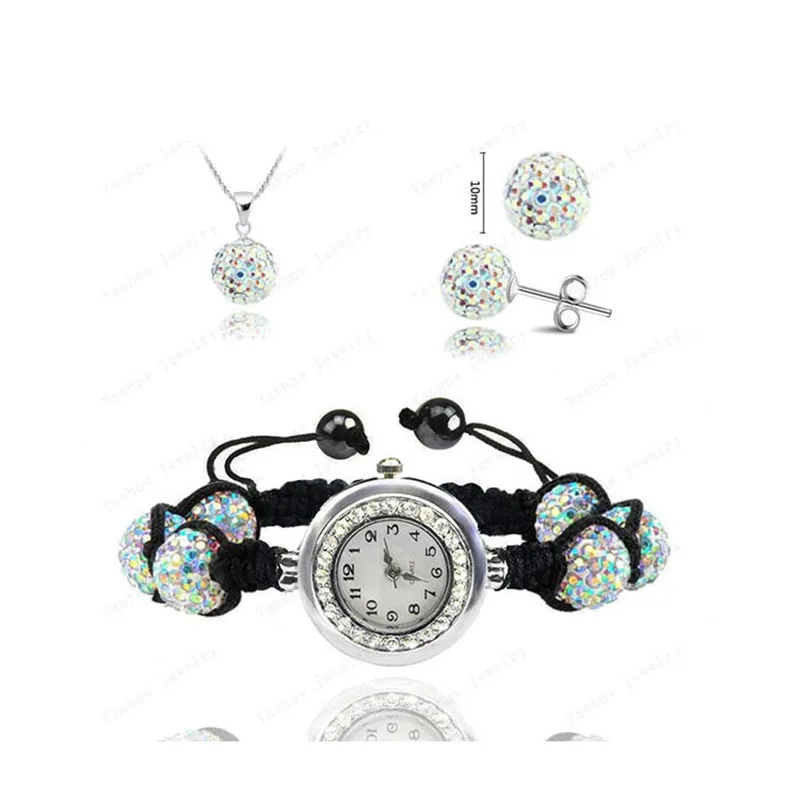 

Sales Promotion Fashion Micro Pave CZ Disco 10mm Beads Rhinestone Watch Bracelet Pendant Earrings Jewelry Sets For Women SHSE11