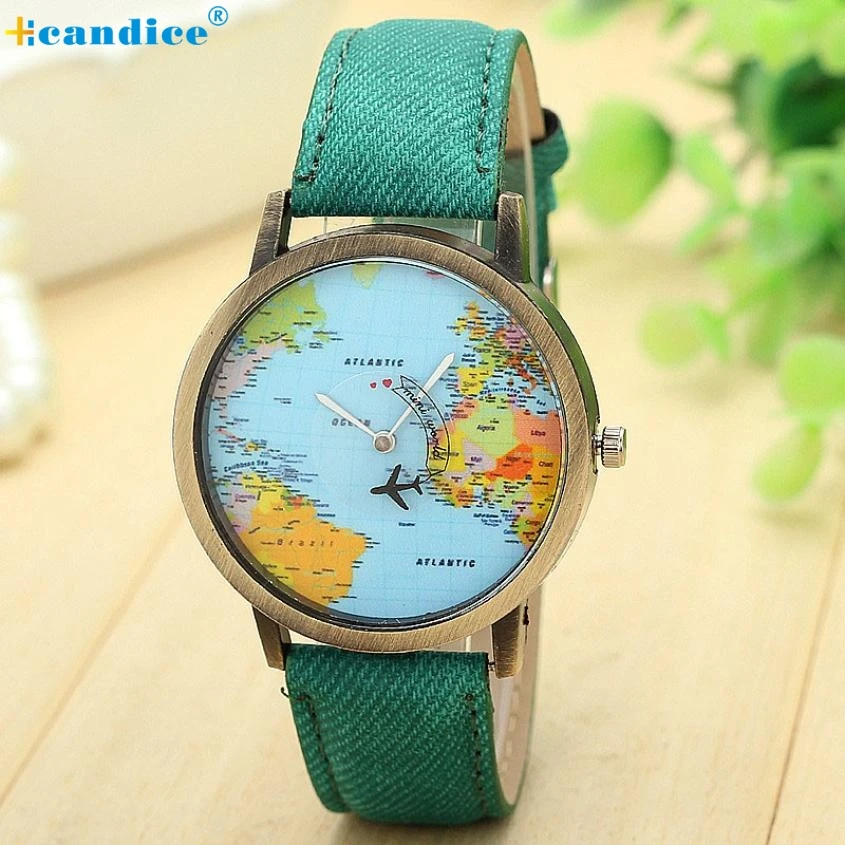 

New Global Travel By Plane Map Women Dress Watch Denim Fabric Band Clock European Style Quartz Wrist Watch Creative