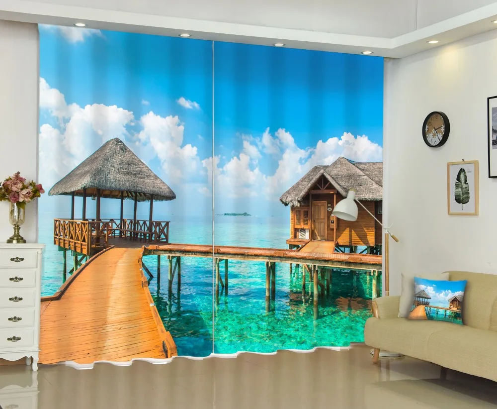 Maldives seaside thatched cottages creative design 3D blackout curtains
