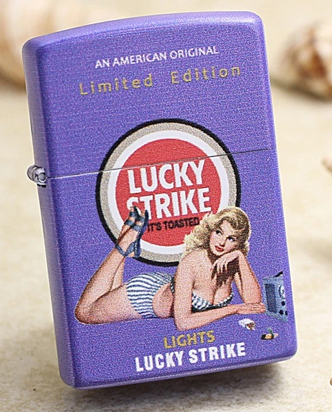 

LXF zpo brand Fashion LUCKY STRIKE sexy girl purple Double sided paint lighter with wood box