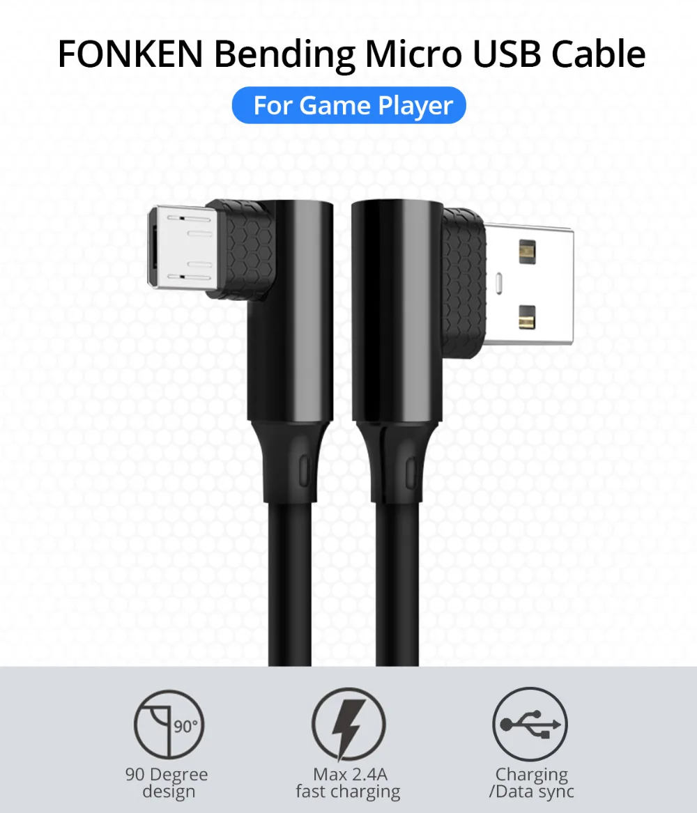 FONKEN Micro USB кабель быстрое зарядное устройство Шнур для зарядки 90 градусов изгиб зарядный кабель для передачи данных тип L изогнутый синхронизировать мобильный телефон кабели