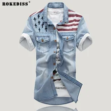 2017 New Summer printing denim short-sleeved shirt Slim inch hole jeans shirt pocket shirt tide male (asian size) C335