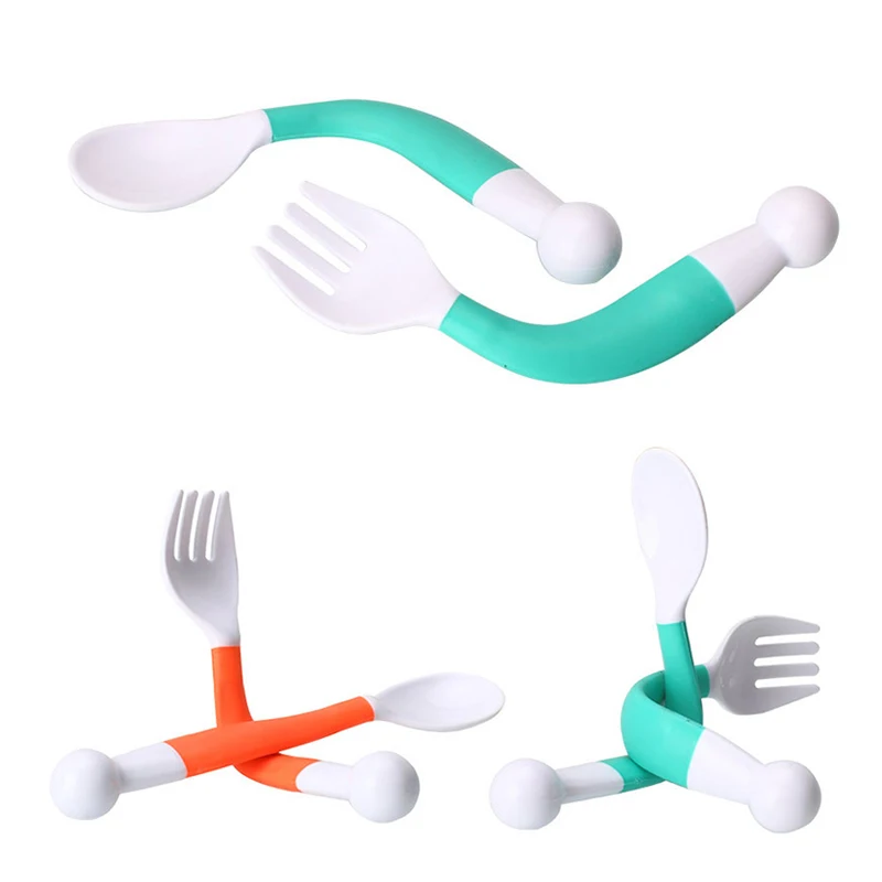 

1 Spoon + 1 fork/Set Safe PP Flexible Baby Spoon Fork Adjustable Handle Children Dishes Learning Kids Tableware