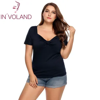 IN'VOLAND Plus Size Women T-Shirt Tops L-4XL Vintage Ruched Front Twist Knot V-Neck Short Sleeve Solid Pullovers Tshirt Big Size twist front plunging t shirt