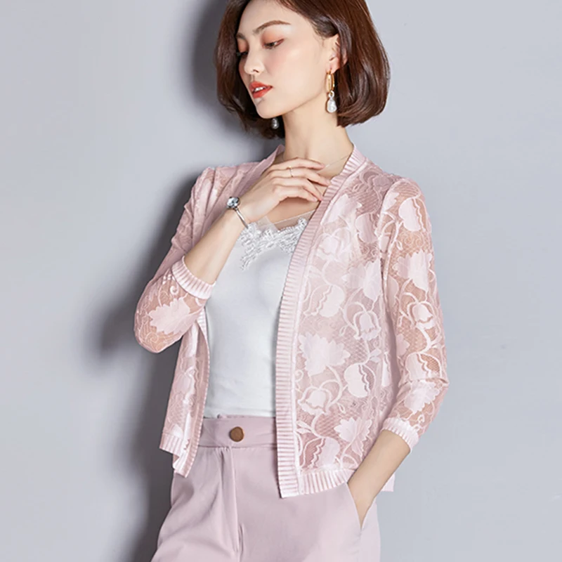 

2019 New Style women's Real shot Lace Cardigan Women's Seven-point Sleeves Casual Thin section Plus Size 3XL Comfortable Top