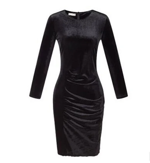 HEFLASHOR новое осенне-зимнее женское платье больших размеров бархатное однотонное винтажное модное винтажное платье с длинным рукавом офисное Повседневное платье - Цвет: Черный