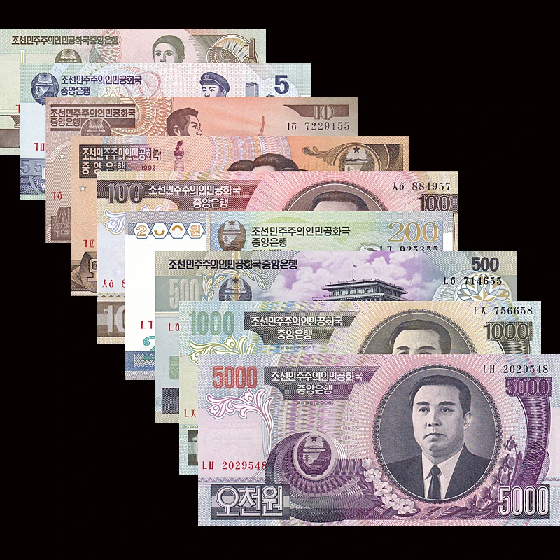 9 шт набор банкнот из КНДР 1 5000 Won 1992 2006|Значки| |