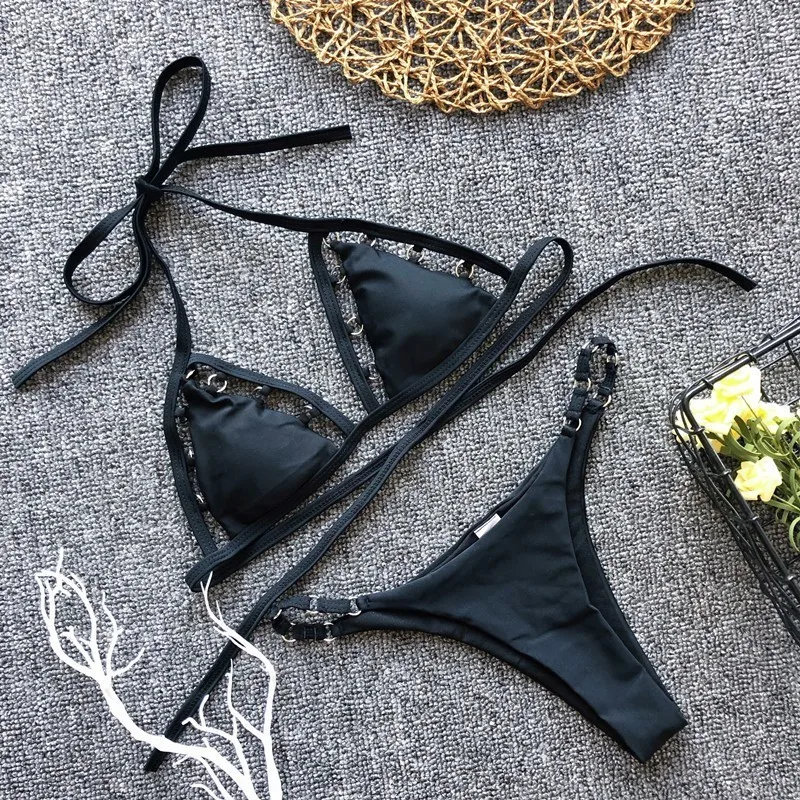 Large Size New Swimwear Women Hollow Ring Bikini Sexy Triangle Cup Black Bikini Set Swimsuit Bathing Suit A2390YPC