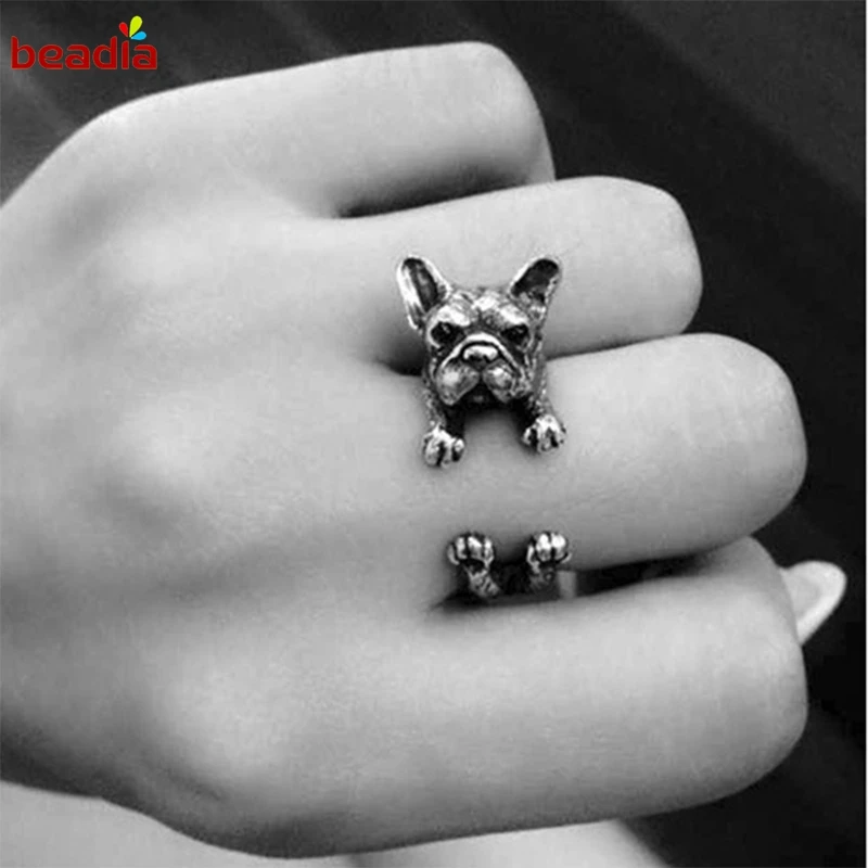 

Retro Animal Handmade French bulldog ring Ring Fashion Antique Gold Silver Vintage Adjustable Rings for women 3 Colors