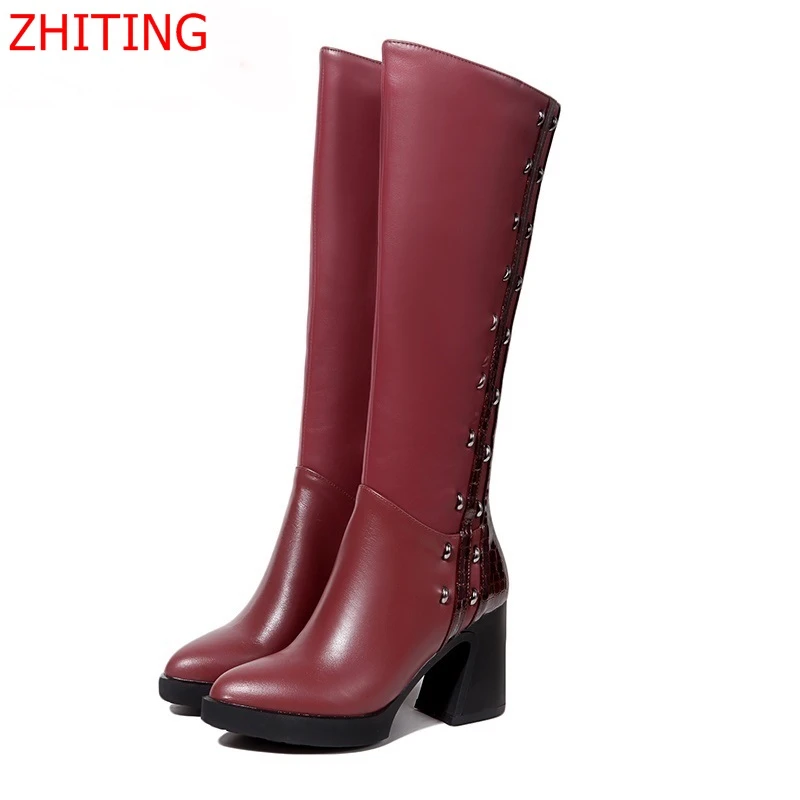 Vino de Rojo/Negro Botas de Las Mujeres 2017 Otoño Invierno Cremallera Botas de Caña alta Moda Mujer Muslo botas de Tacón Alto botas de Cuero Genuino|boots genuine leather|thigh bootshigh