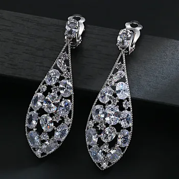 

No Hole Ear Clip On Earrings Long Cubic Zirconia Elegant Women Wedding Jewelry Without Piercing