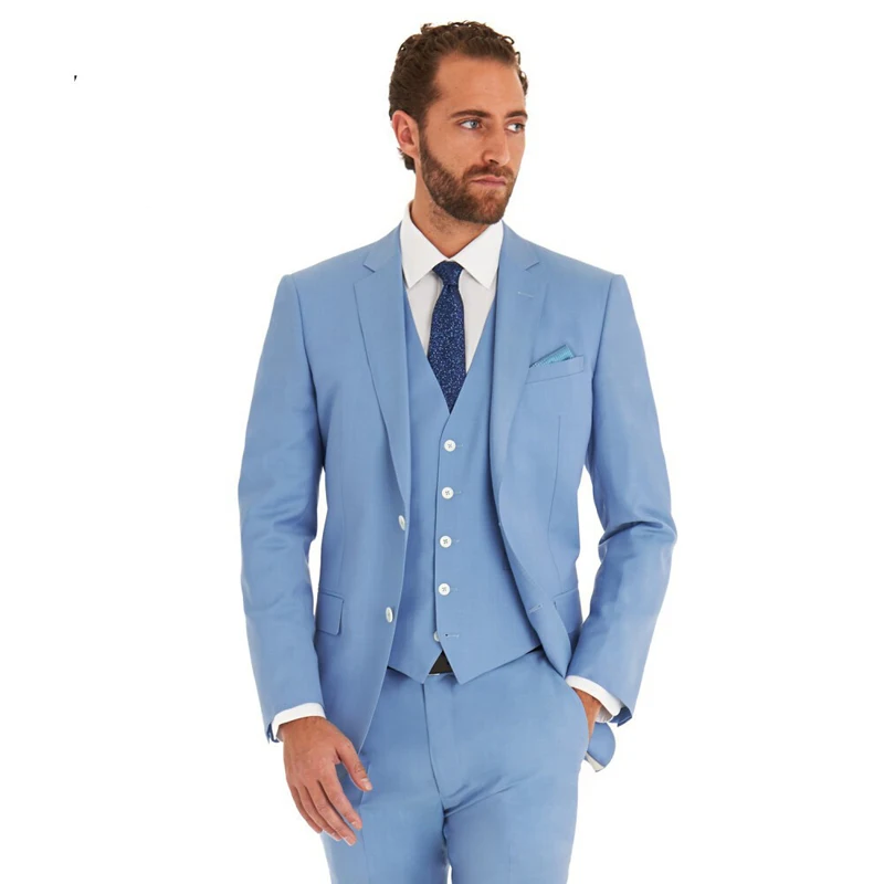 HB075, небесно-голубой деловой мужской костюм, 3 предмета(пиджак+ брюки+ жилет), свадебный смокинг, лучший мужской деловой костюм для мужчин
