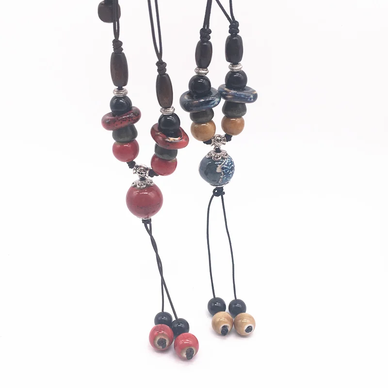 

Fashion Ceramics Beads Pendant Bohemia Style Long Sweater Chain Necklace Handmade Braided Jingdezhen Ceramic Jewelry Necklace #D