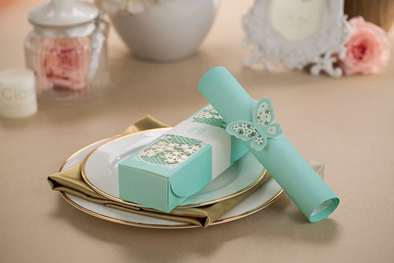 20 шт Tiffany Blue, Свиток, лазерная резка, упакованная коробка для свадебных приглашений с узлом-бабочкой, для печати, свадебные украшения, принадлежности