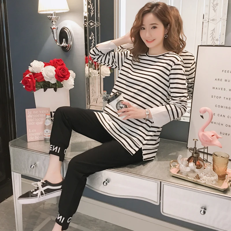 

1906# 2019 Spring Fashion Maternity Clothing Suits Striped Tees + Belly Pants Sets Clothes for Pregnant Women Casual Pregnancy