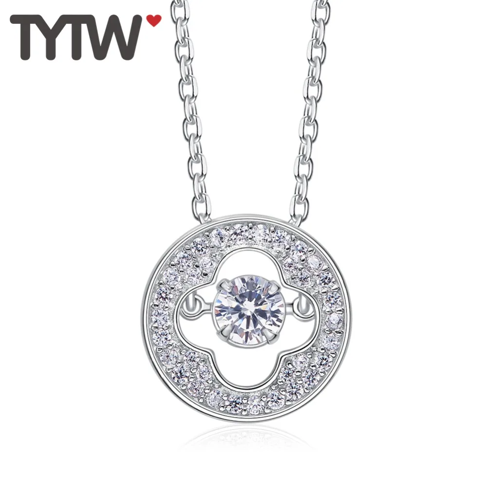 

TYTW Fashion Women S925 Silver pendant Necklace Round Crystal Dancing Stone Ladies Girl Necklaces Zirconia Charm Choker