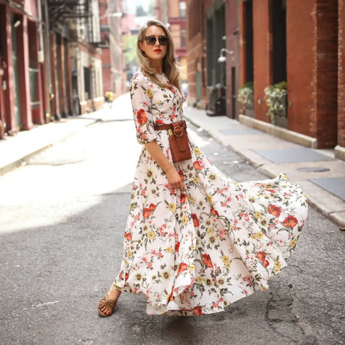 

Women Boho Floral Long Maxi Dress Party Evening Summer Beach Sundress Half Sleeve Print Holiday Dresses