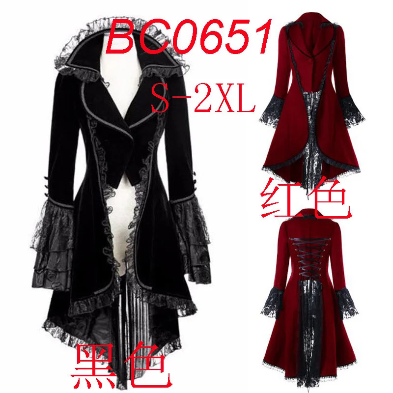 

2018 Steampunk Women Lace Trim Lace-up tuxedo Coat Black Victorian Style Gothic Jacket Medieval performing stage Dress