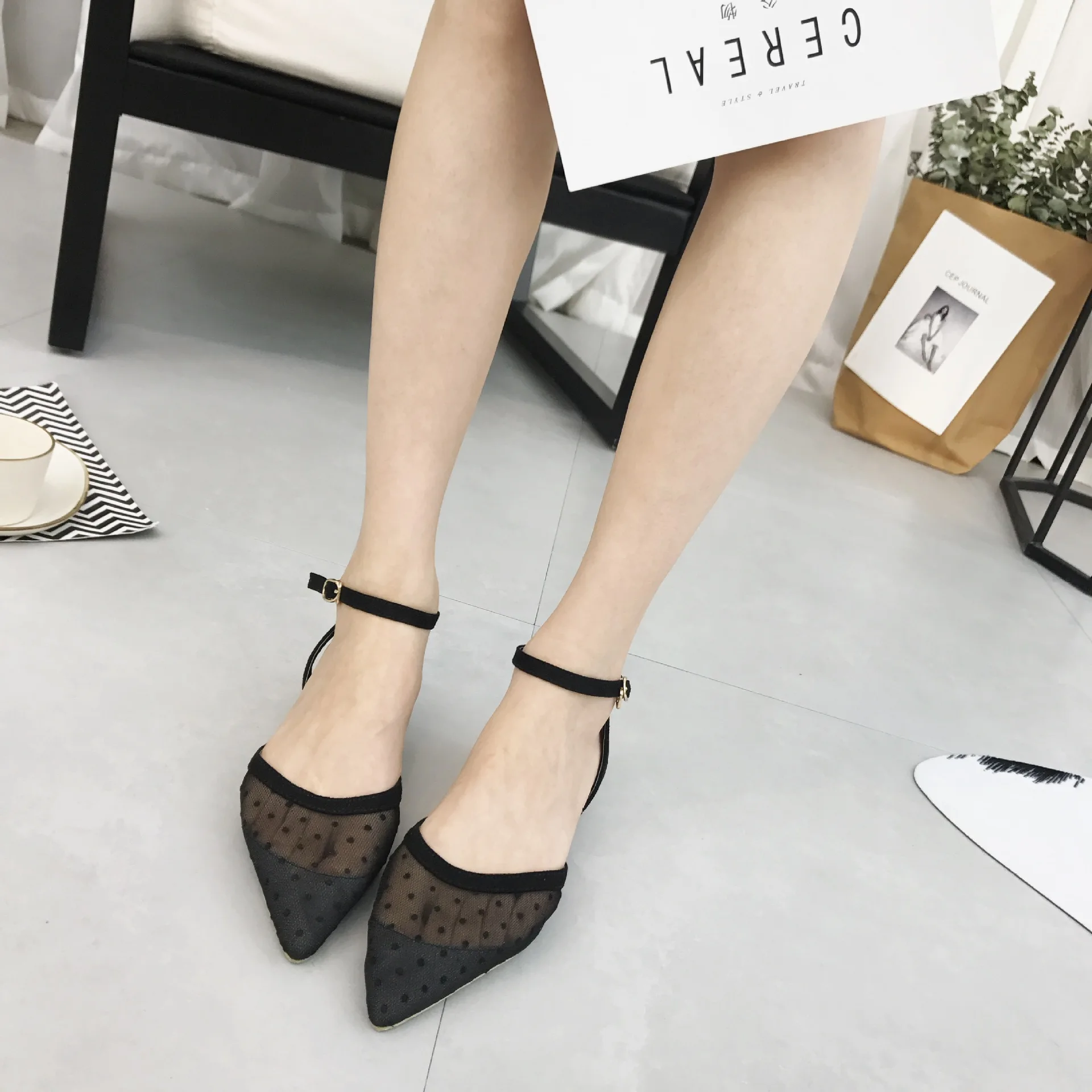 

4309M new flat bottom sandals pointed word buckle lace point light mouth women's shoes mesh flat with fashion shoes